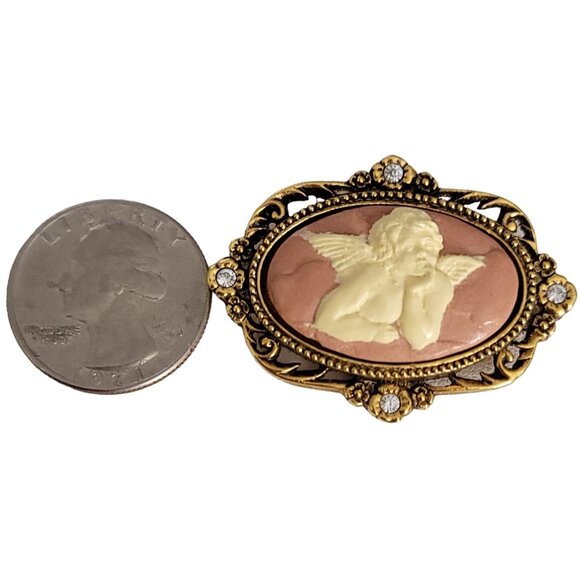 The Vatican Library Collection Angel Cherub Faux Cameo Rhinestone Oval Brooch - Picture 4 of 7